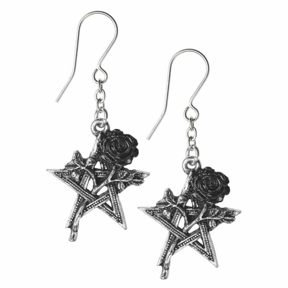 Alchemy Gothic Pentagram Black Rose Hook Earrings